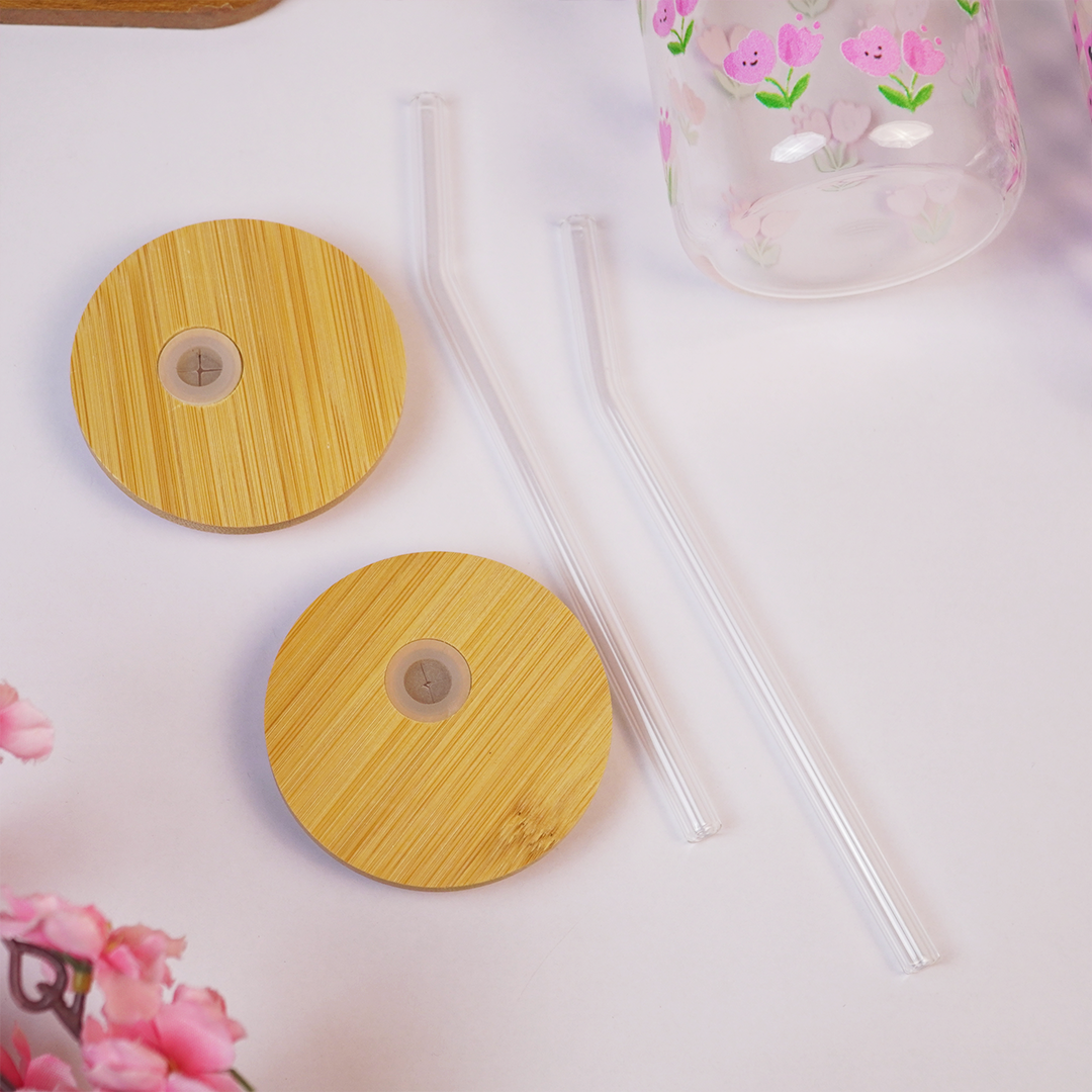 Set-2 Glass Tumbler with Bamboo Lid & Straw