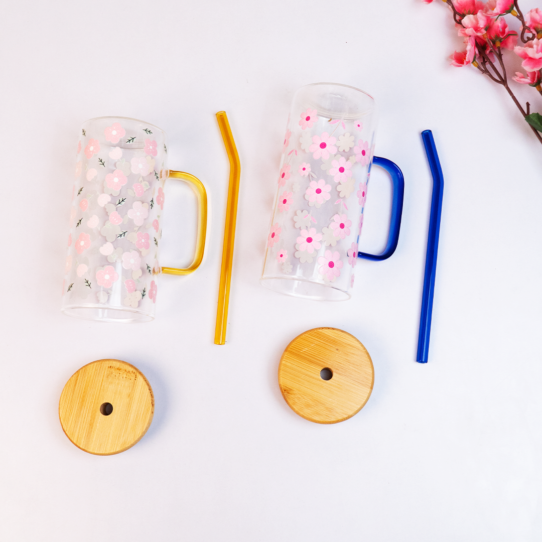 Set of 2 Blossom Glass Tumbler with Bamboo Lid & Straw