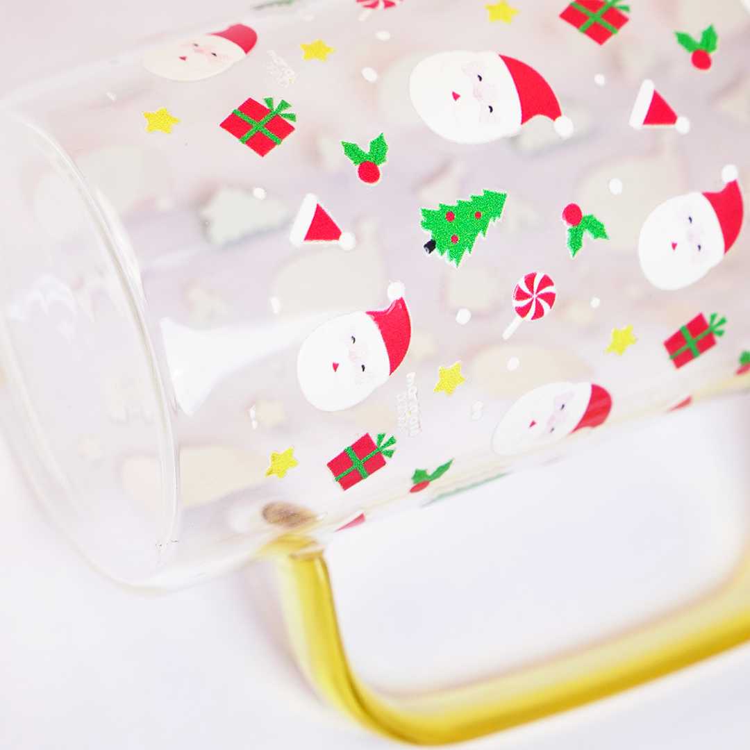 Christmas Santa Glass Tumbler with Handle & Bamboo Lid – Set of 2 | Festive Holiday Design with Straw