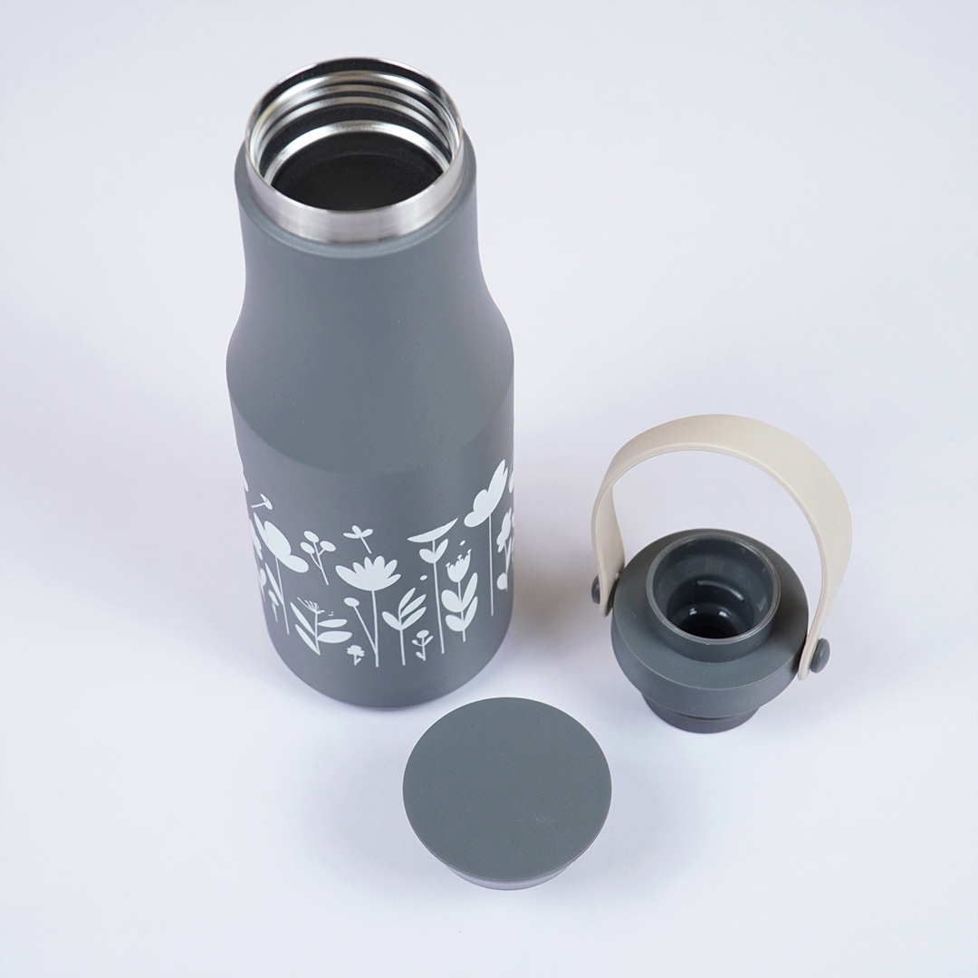 Matte Grey Floral Stainless Steel Water Bottle
