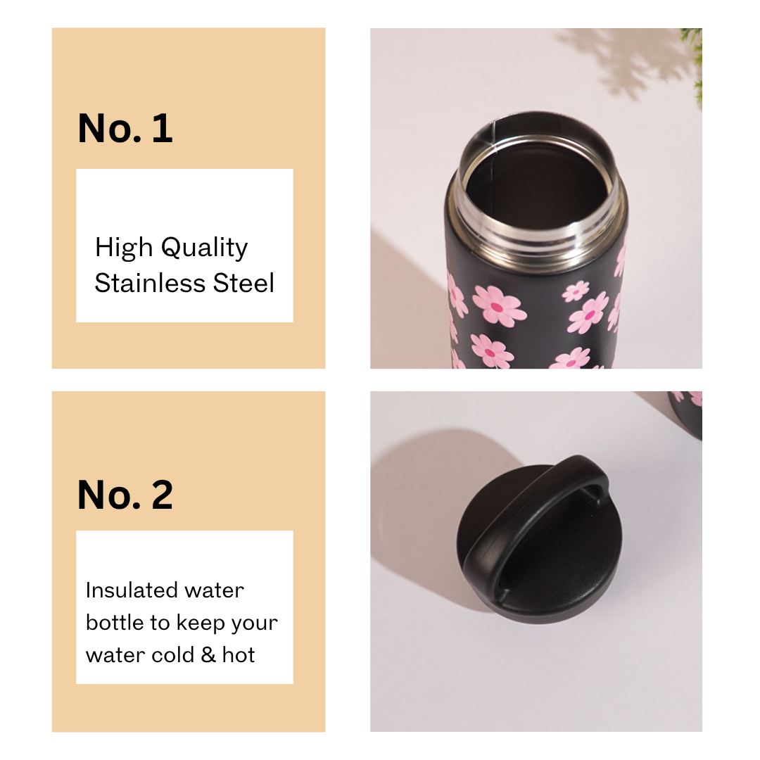Daisy Bloom Vacuum Insulated Tumbler – 490ml Hot & Cold Stainless Steel Bottle with Carry Loop Lid