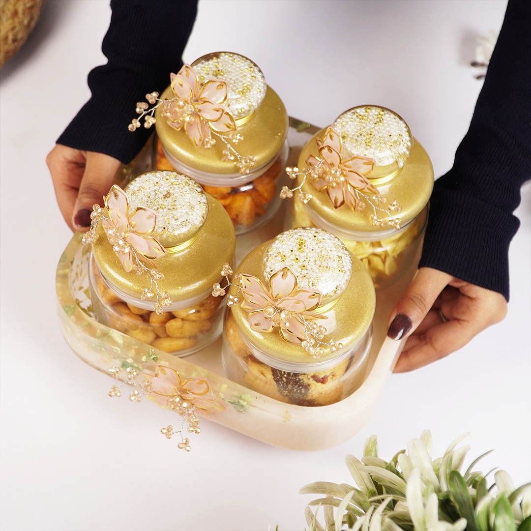 Set-4 Luxury Decorative Storage Jars Set with Pearl & Floral Lid