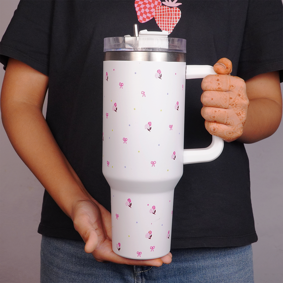 White Flower Tumbler with Handle & Straw – Cute Rose & Bow Design Reusable Travel Cup