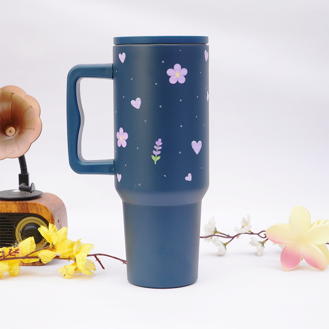 Purple Floral 40 OZ Tumbler with Handle & Leakproof Lid |