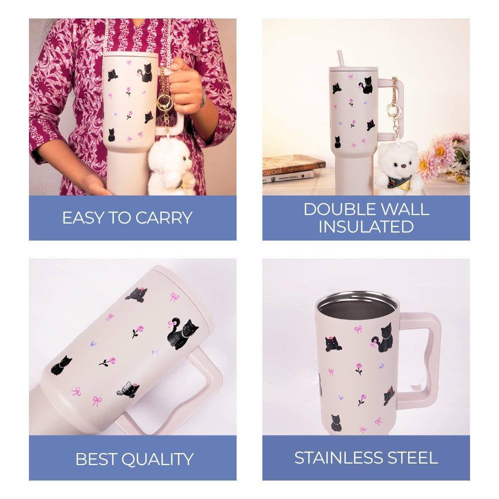 Cute Black Cat Travel Tumbler with Straw & Handle