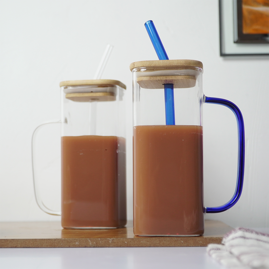 Glass Mug with Bamboo Lid & Reusable Straw | Clear Drinking Glass with Handle for Coffee