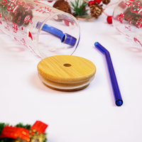 Christmas Glass Tumbler with Handle & Bamboo Lid – Set of 2 | Festive Holiday Design with Straw
