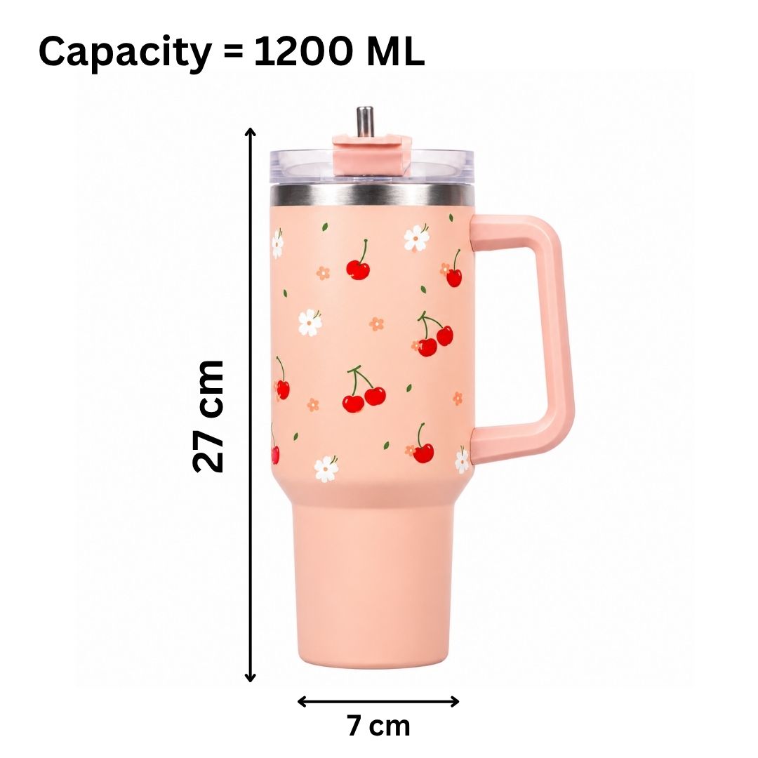 Peach Strawberry Heart Tumbler with Straw & Handle – Cute Floral Travel Tumbler