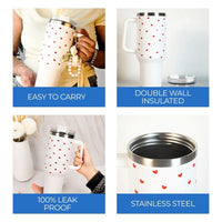 Cute Red Heart Print White Stainless Steel Tumbler with Handle