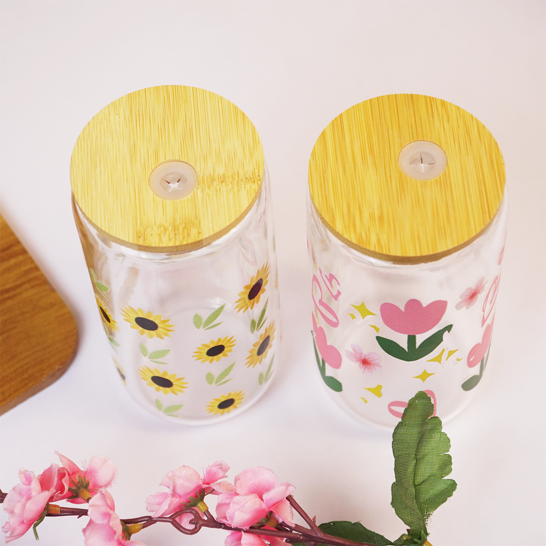 Set-2 Floral Glass Tumbler with Bamboo Lid & Straw