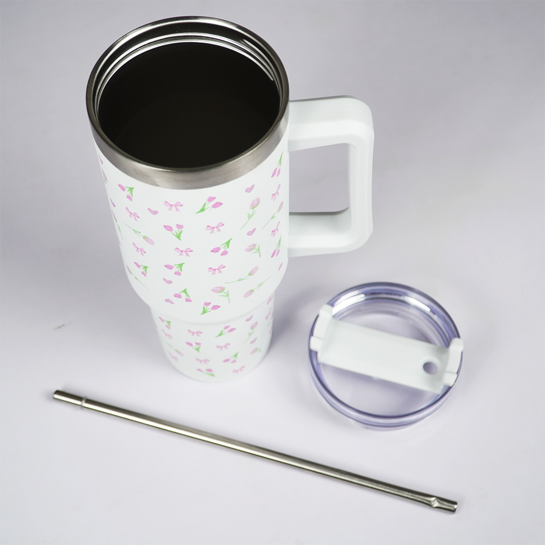 Floral Stainless Steel Insulated Tumbler with Handle & Straw – 1200ml Leakproof Travel Mug | Height 27cm, Width 7cm