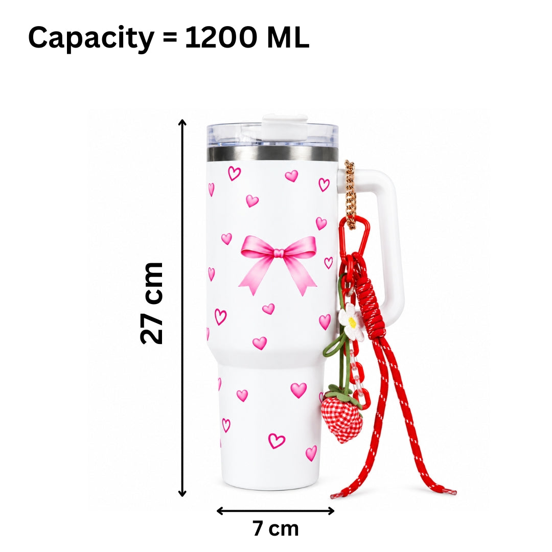 Bow & Heart Print Tumbler with Handle & Charm | Reusable Travel Cup | Cute Everyday Drinkware