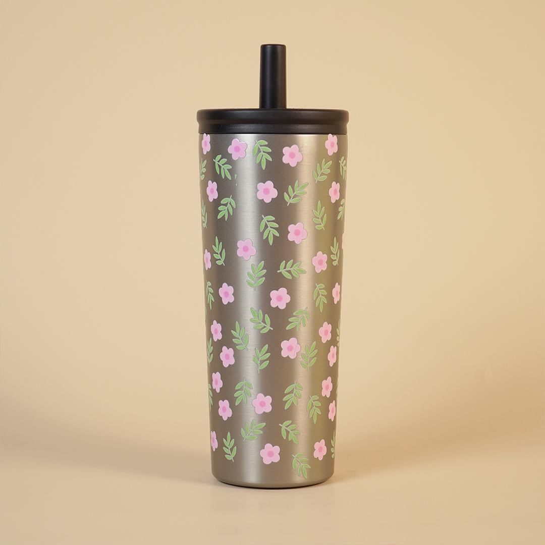 Floral Stainless Steel Tumbler with Straw