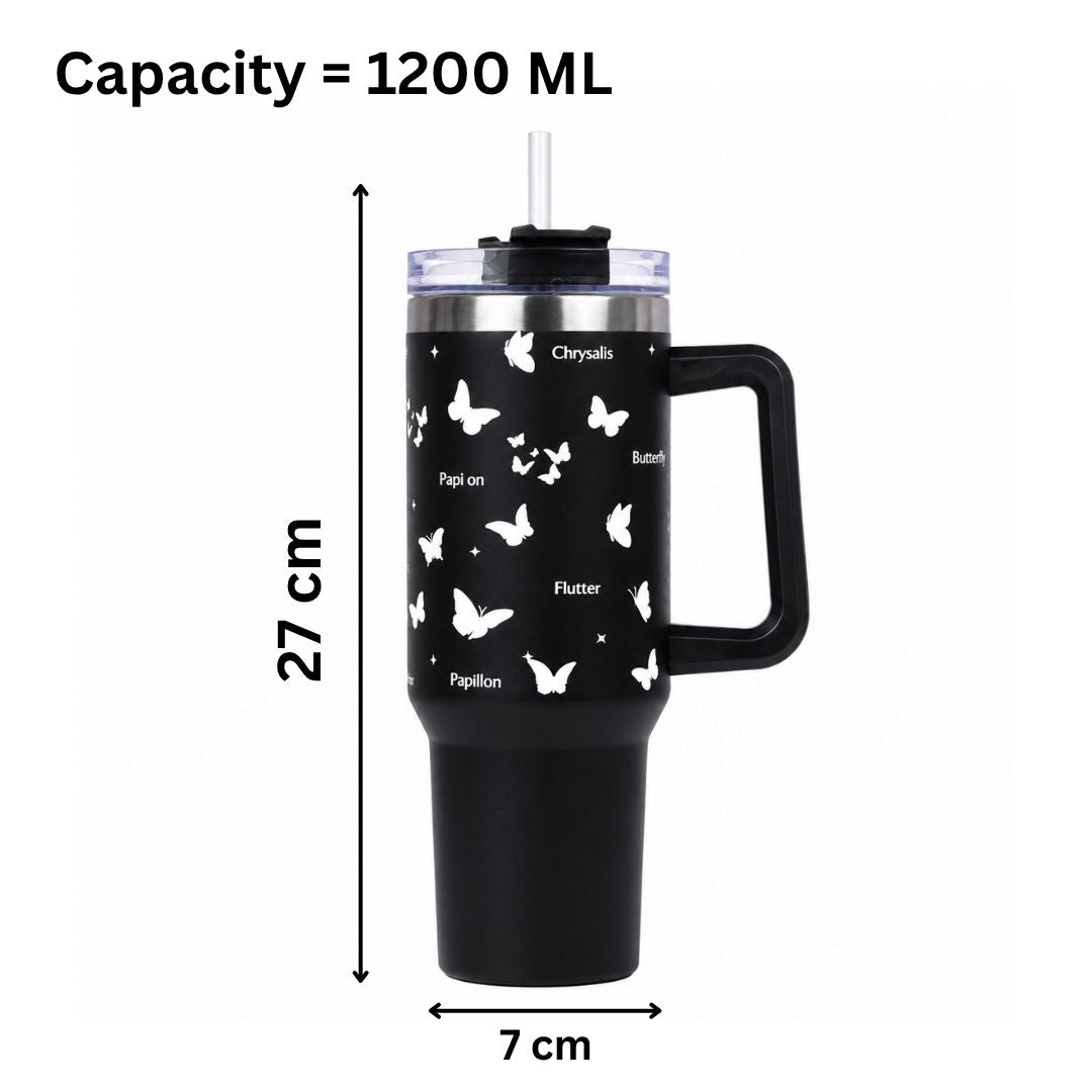 Black Butterfly Print Tumbler with Straw & Handle – Insulated Travel Coffee Cup