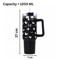 Black Butterfly Print Tumbler with Straw & Handle – Insulated Travel Coffee Cup