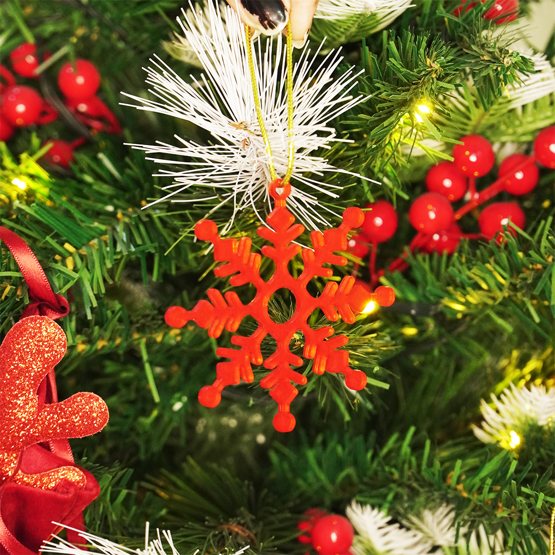 Set-6 Christmas Snowflake Ornaments – Red Hanging Decorations for Tree