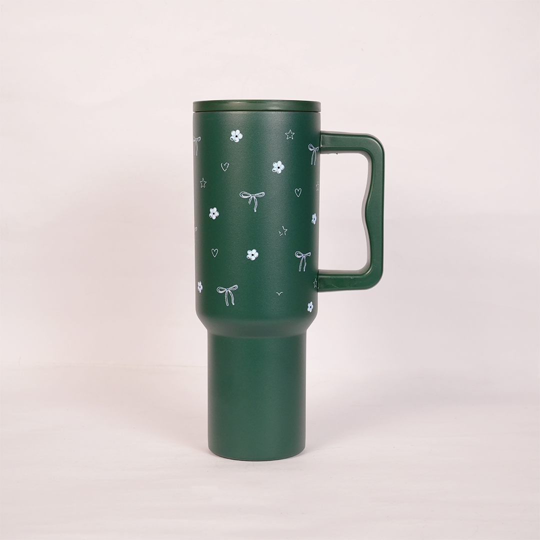 Deep Forest Green Floral & Bow Tumbler with Ergonomic Handle