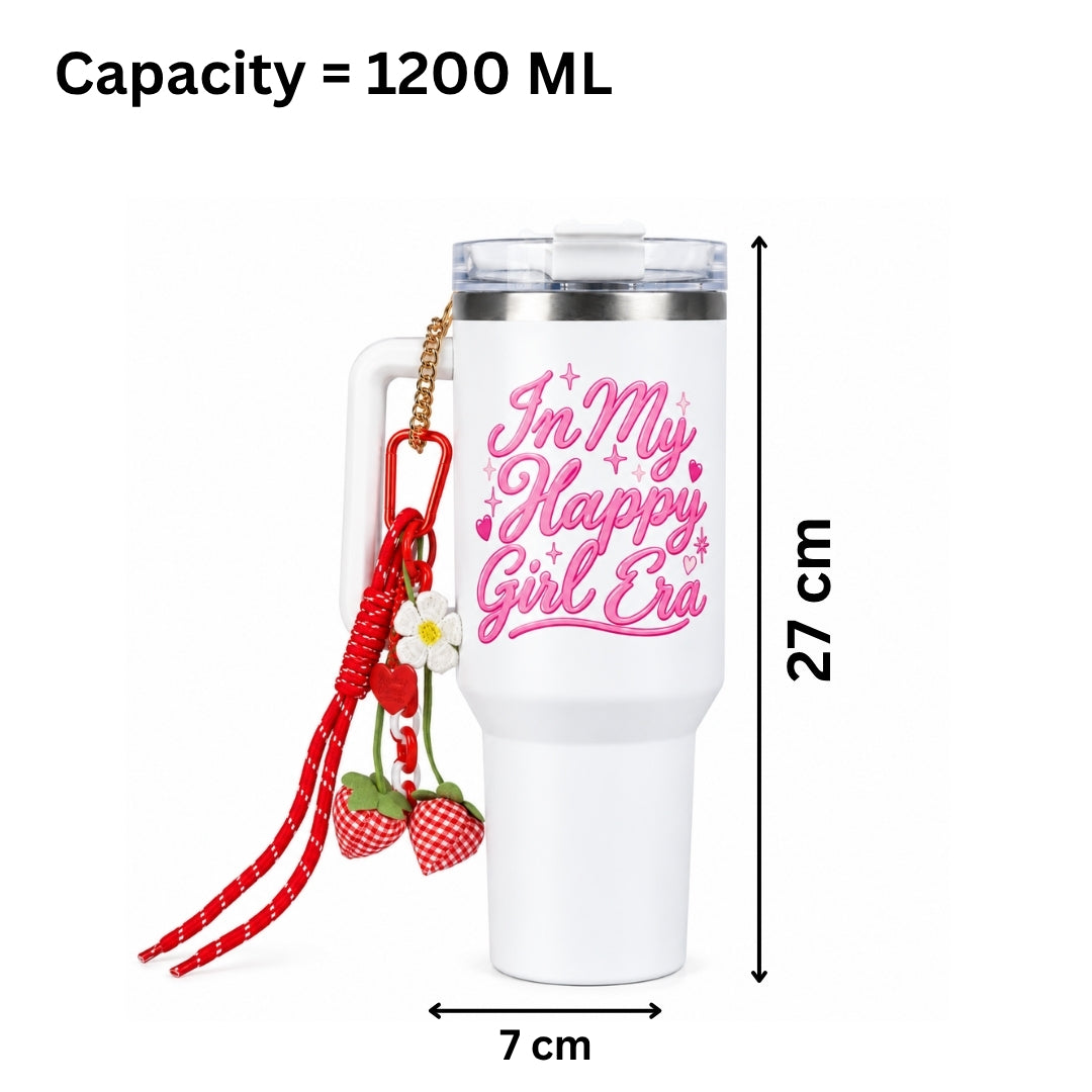 In My Happy Girl Era Printed Tumbler with Handle & Charm | Reusable Travel Cup | Cute Everyday Drinkware