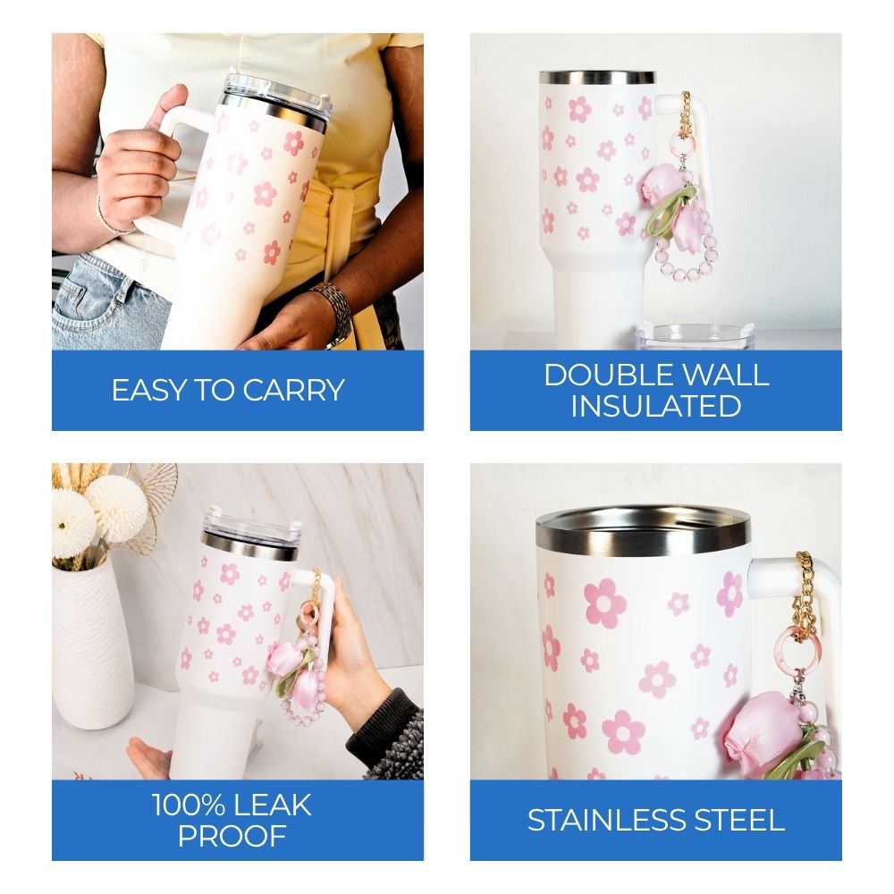 Pink Daisy Stainless Steel Tumbler with Charm | 1.2L Insulated Travel Mug