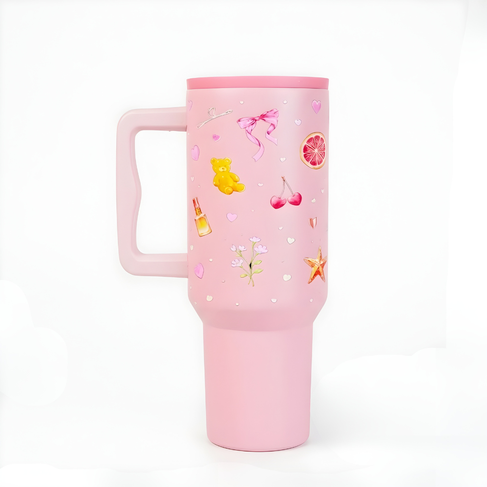 Blush Pop Aesthetic Tumbler with Handle, Straw & Spill-Proof Lid