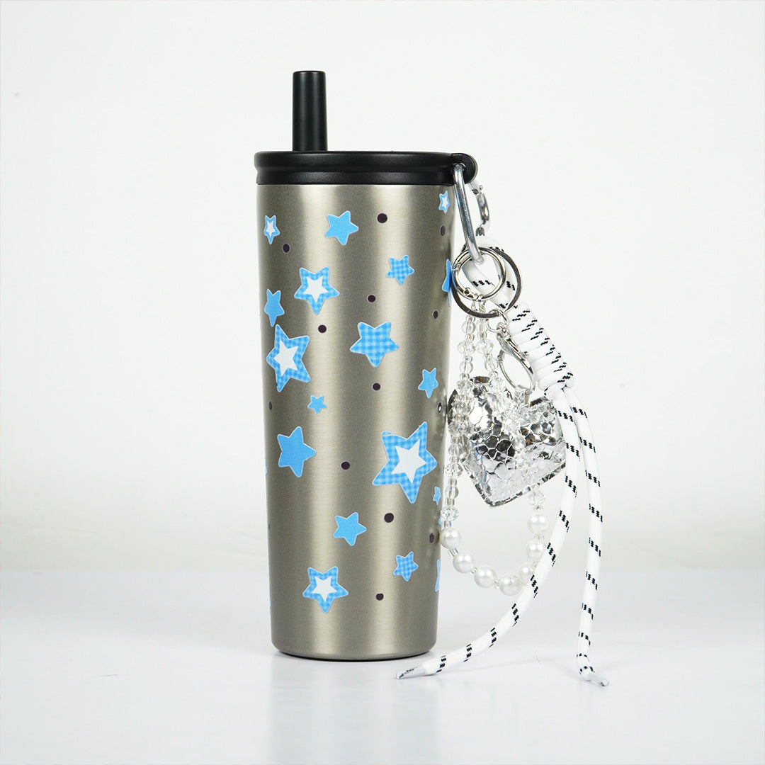 Star Print Sipper Bottle with Charm | Reusable Travel Water Bottle | Cute Everyday Drinkware