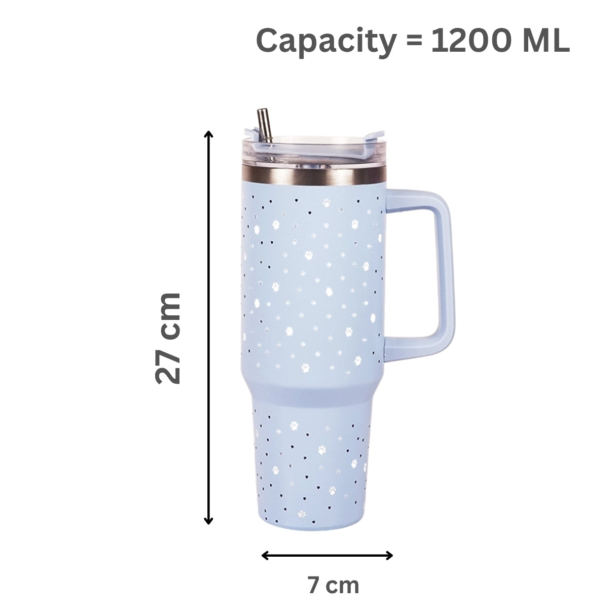 Blue Paw & Heart Print Tumbler – Insulated Travel Tumbler with Handle & Straw