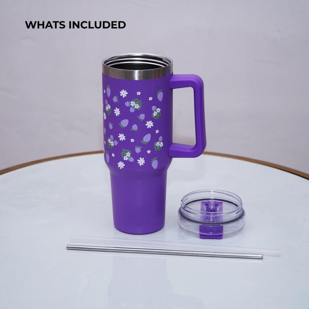 Strawberry Floral Print Tumbler with Handle & Straw | Reusable Travel Water Cup | Stylish Drinkware