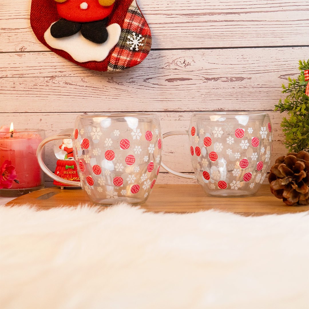 Set-2 Double Wall Glass Mug – Snowflake & Ornament Design