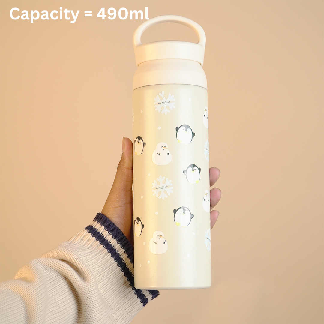 Cute Penguin Design Vacuum Insulated Tumbler – 490ml Hot & Cold Stainless Steel Bottle with Carry Loop Lid
