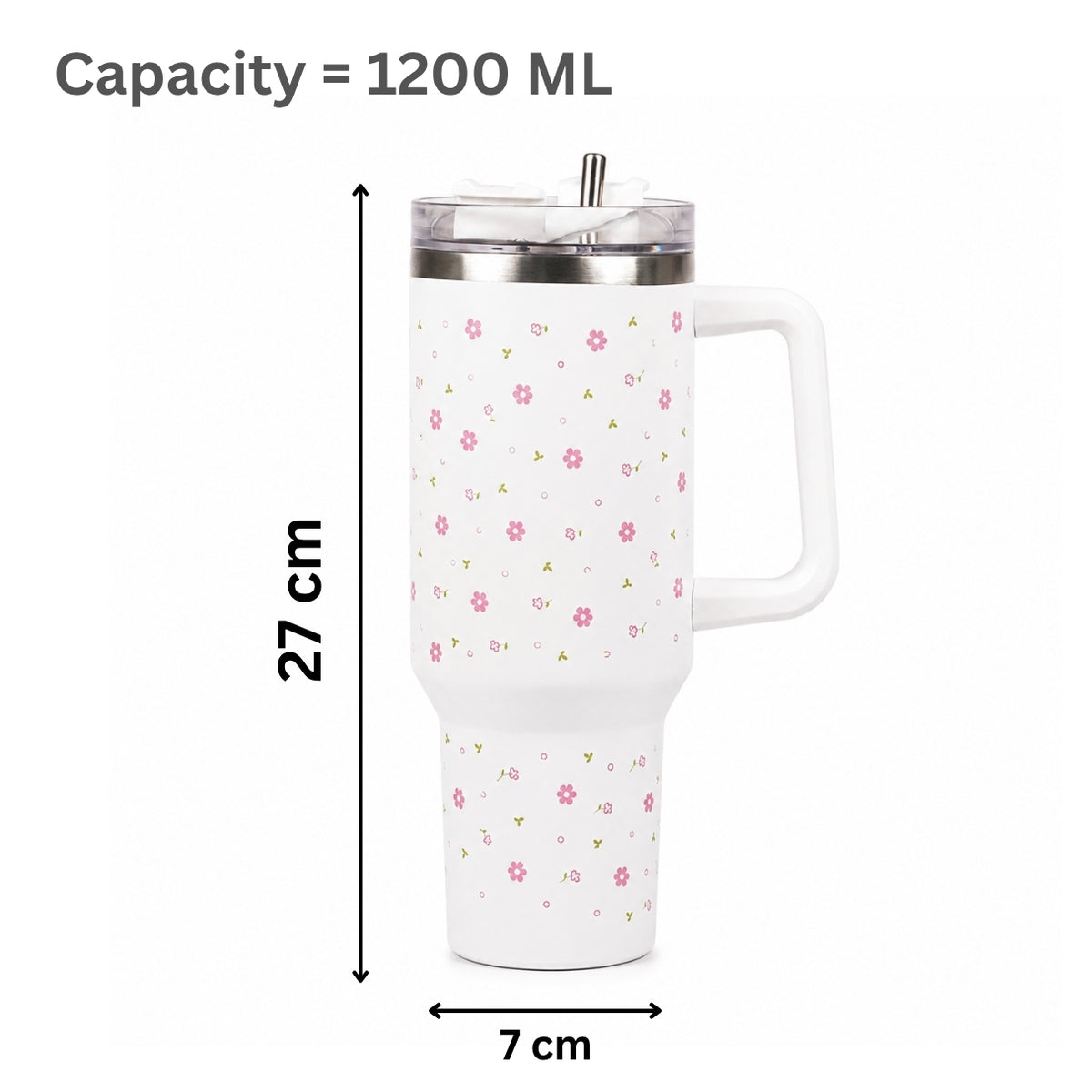 Delicate Pink Flower Tumbler with Handle & Straw