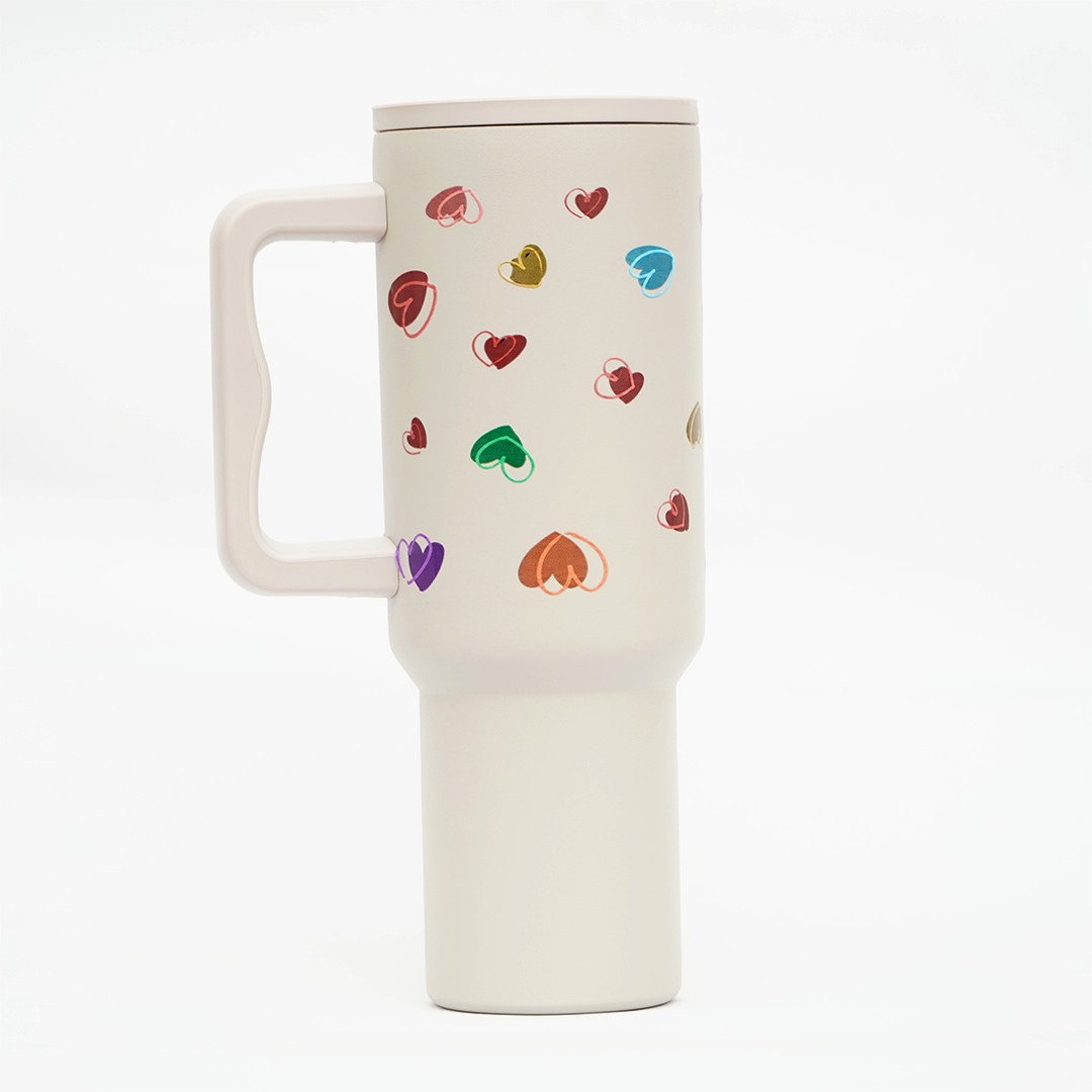 Rainbow Heart Stainless Steel Travel Tumbler with Handle | Double Wall Insulated & Leakproof