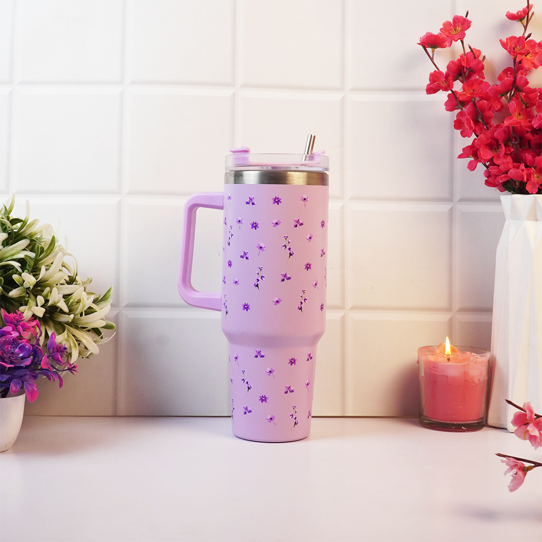 Floral Insulated Tumbler with Handle & Straw