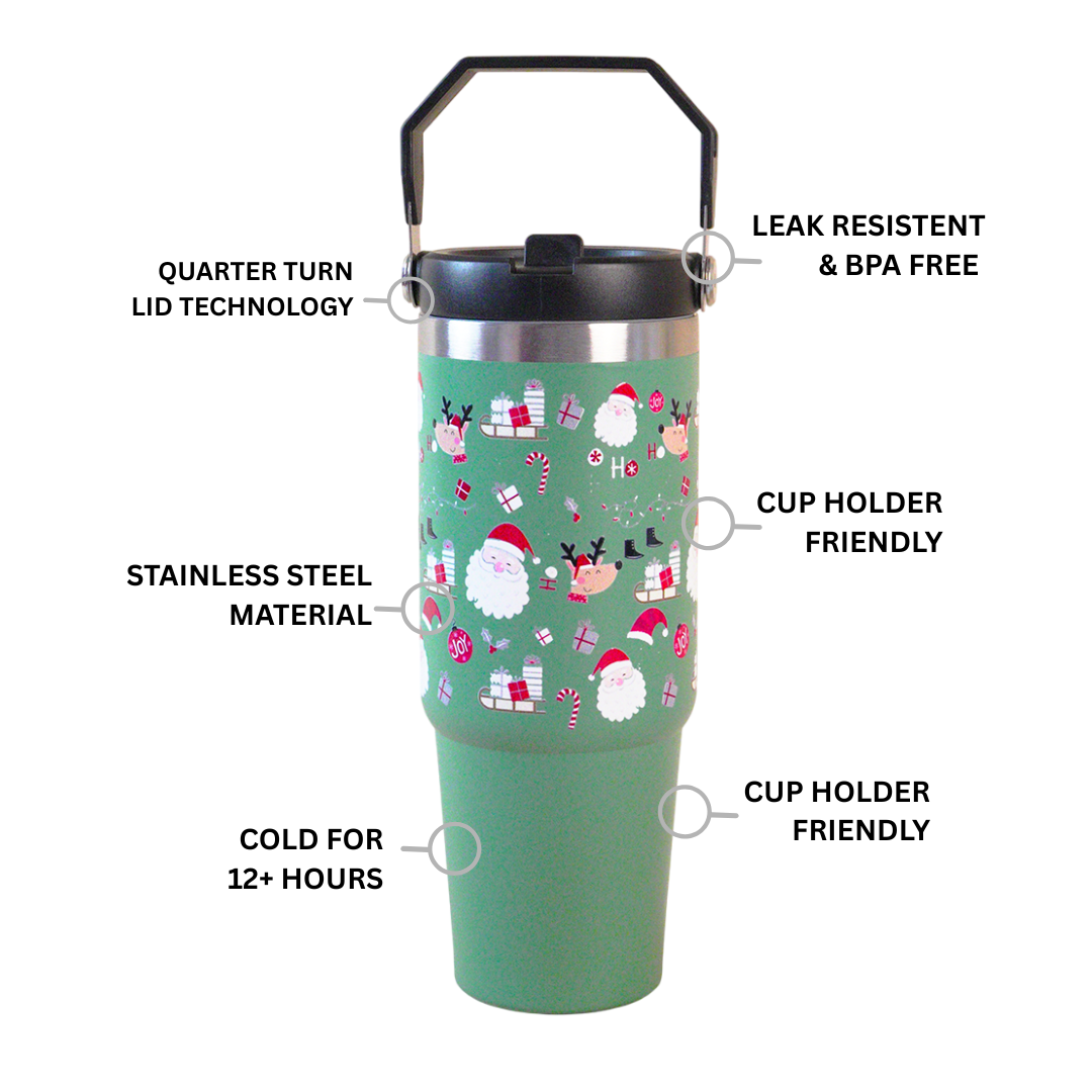 Jolly Santa & Reindeer Green Christmas Tumbler