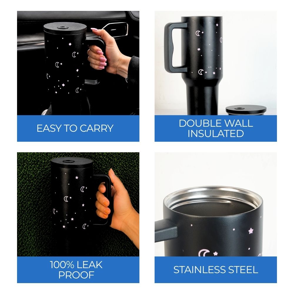 Moon & Stars Stainless Steel Tumbler with Handle | 40oz Insulated Travel Mug