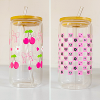 Glass Tumbler Combo – Cherry & Panda Design with Bamboo Lid & Straw (Set of 2)
