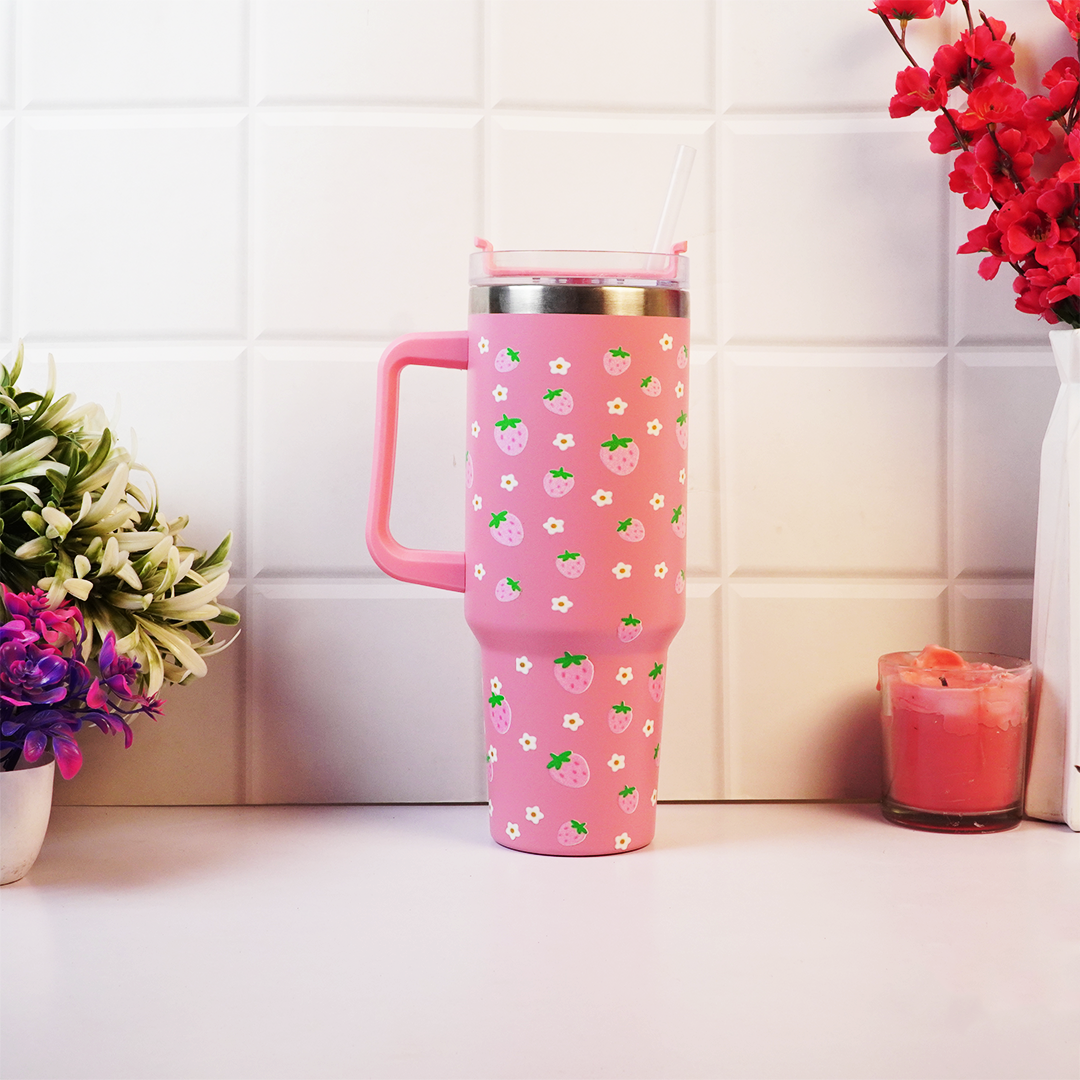 Cute Strawberry Stainless Steel Tumbler with Straw & Handle