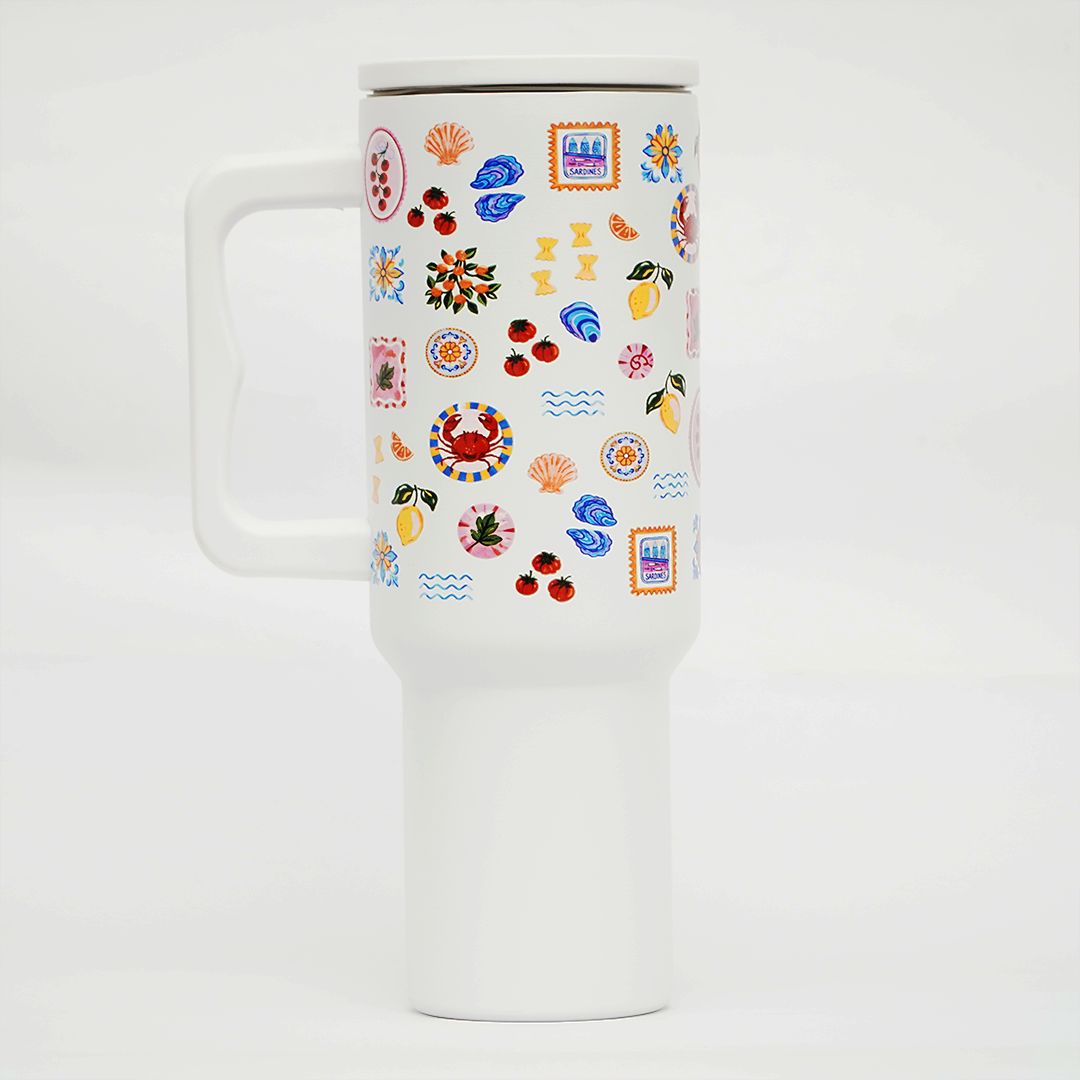 Mediterranean Print Stainless Steel Travel Tumbler with Handle & Leakproof Lid | Double Wall Vacuum Insulated Coffee Mug