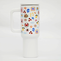 Mediterranean Print Stainless Steel Travel Tumbler with Handle & Leakproof Lid | Double Wall Vacuum Insulated Coffee Mug