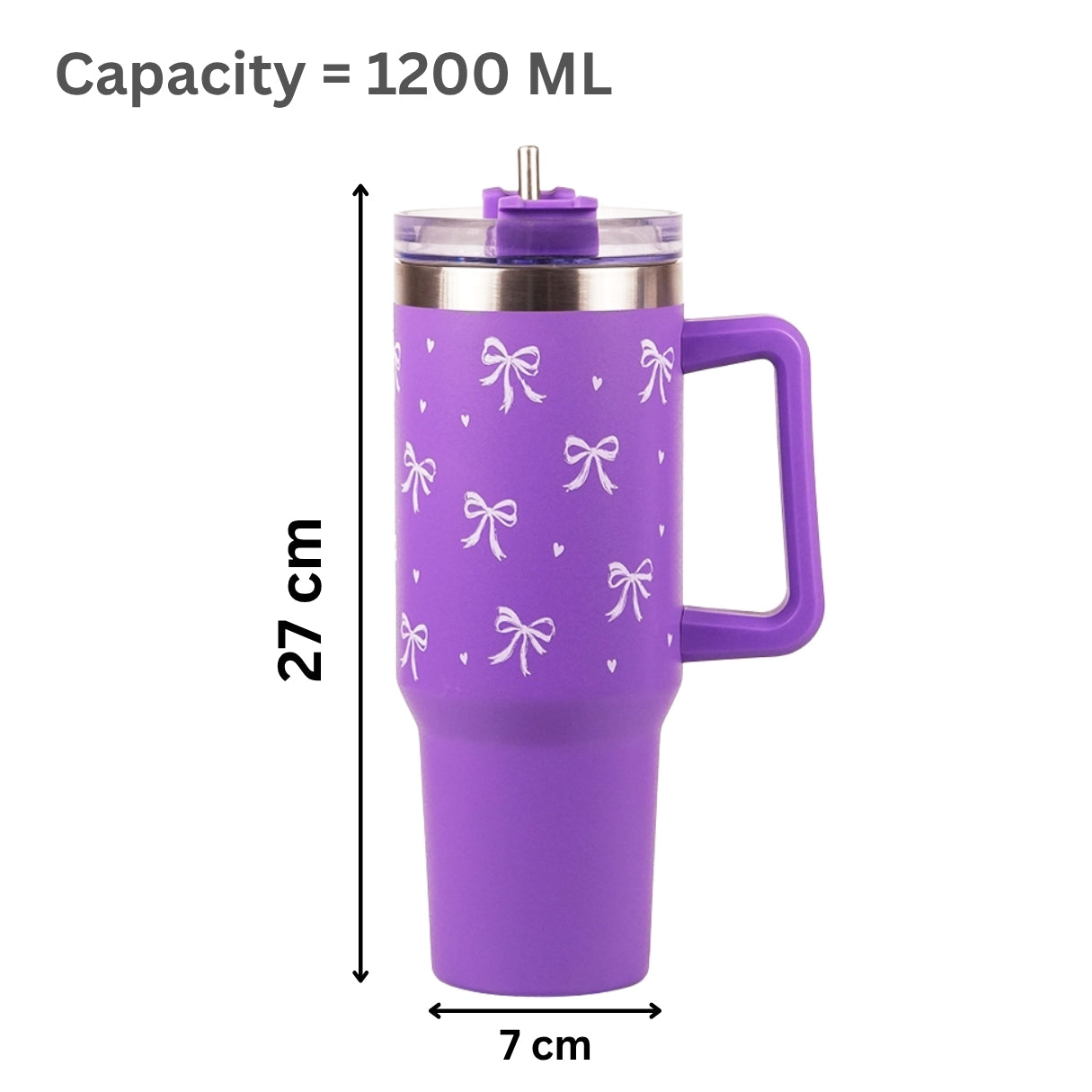 Purple Bow Print Tumbler – Insulated Travel Tumbler with Handle & Straw