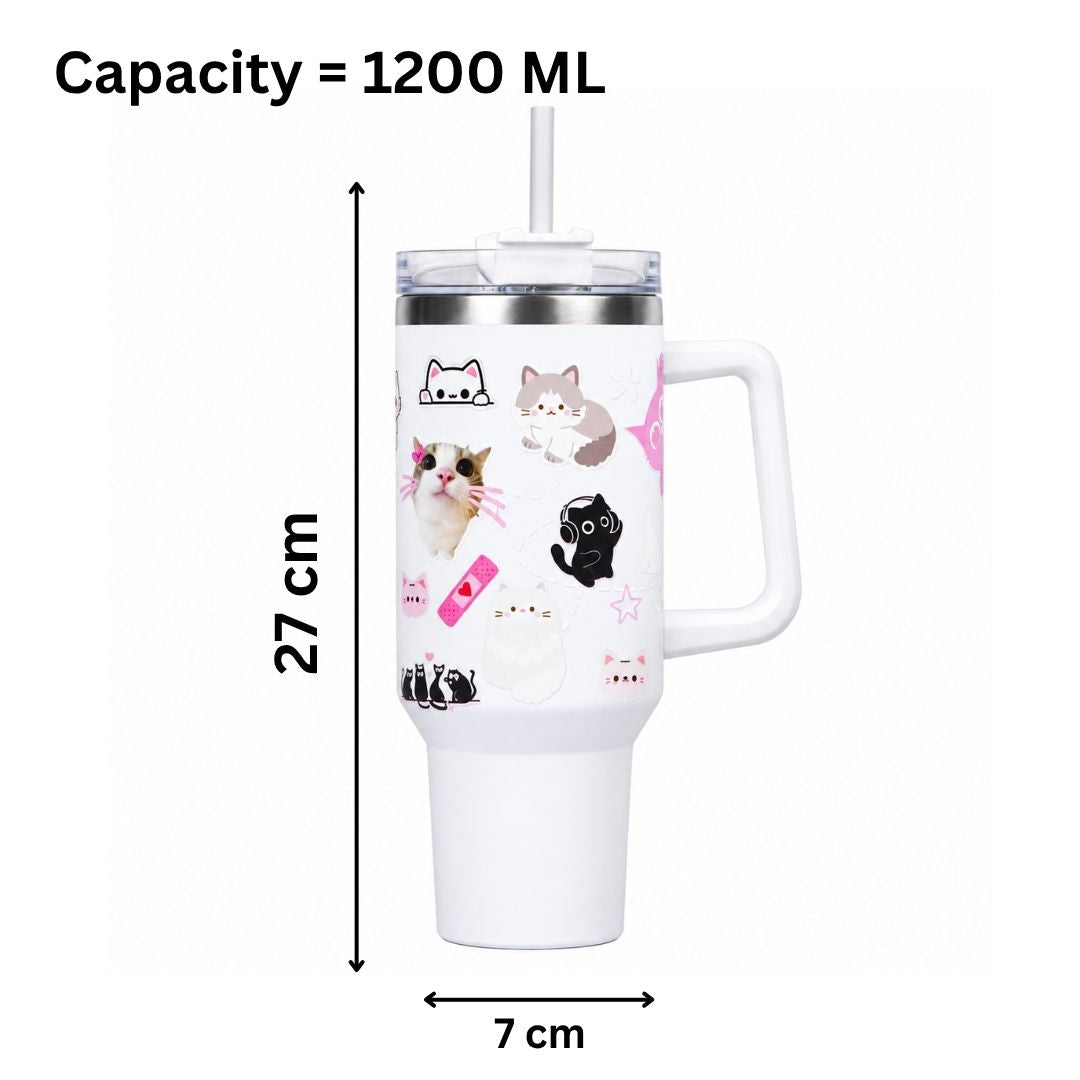 White Cat Print Tumbler with Straw & Handle – Cute Aesthetic Travel Coffee Cup