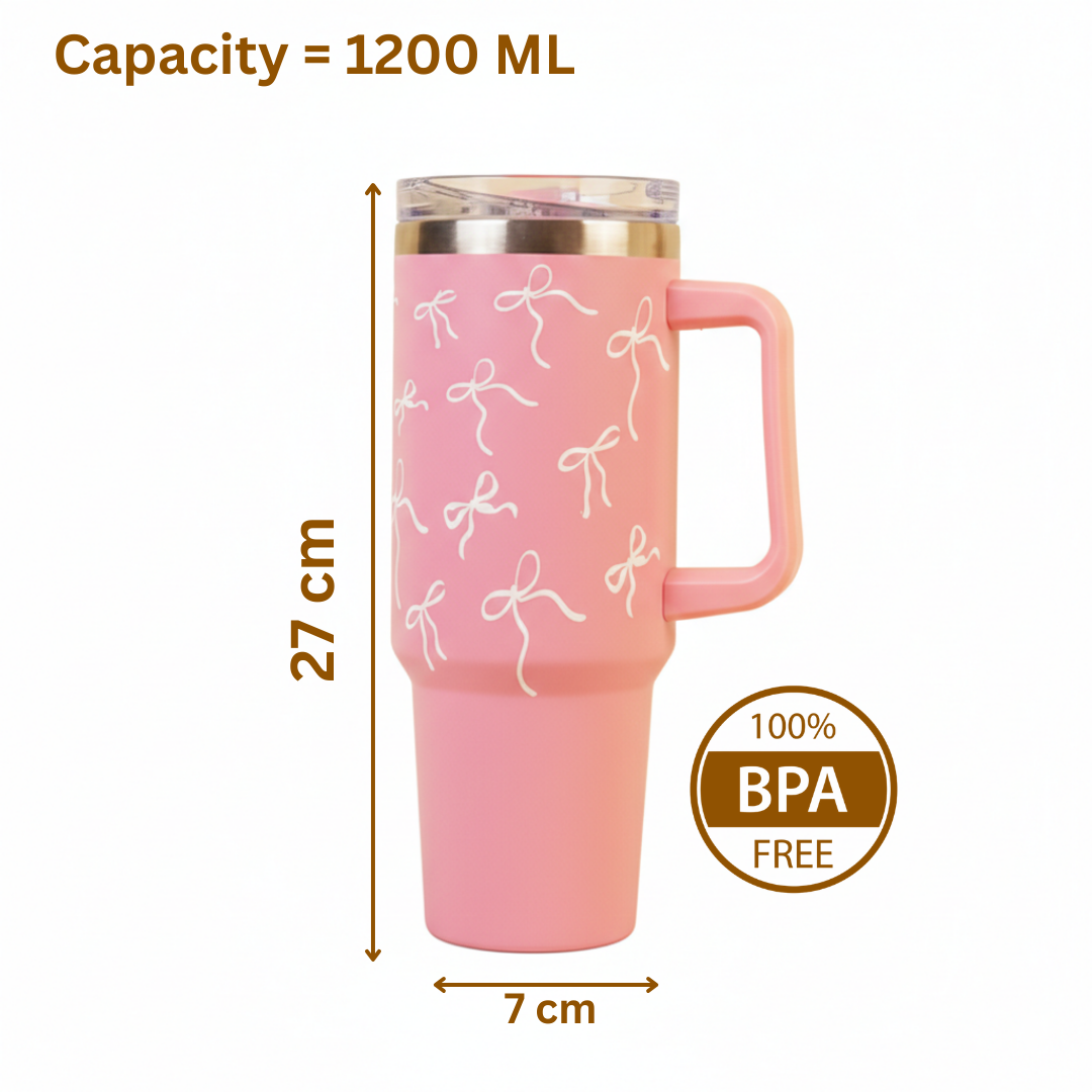 Pink Bow Insulated Tumbler with Handle & Straw