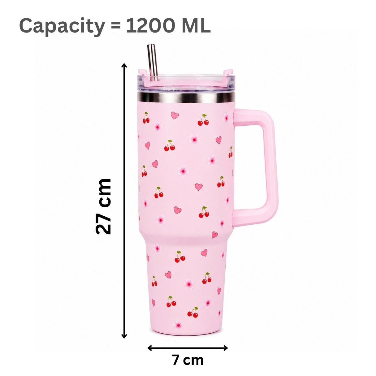 Pink Cherry & Floral Print Tumbler – Insulated Travel Tumbler with Handle & Straw