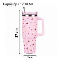 Pink Cherry & Floral Print Tumbler – Insulated Travel Tumbler with Handle & Straw