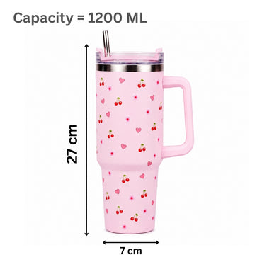 Pink Cherry & Floral Print Tumbler – Insulated Travel Tumbler with Handle & Straw