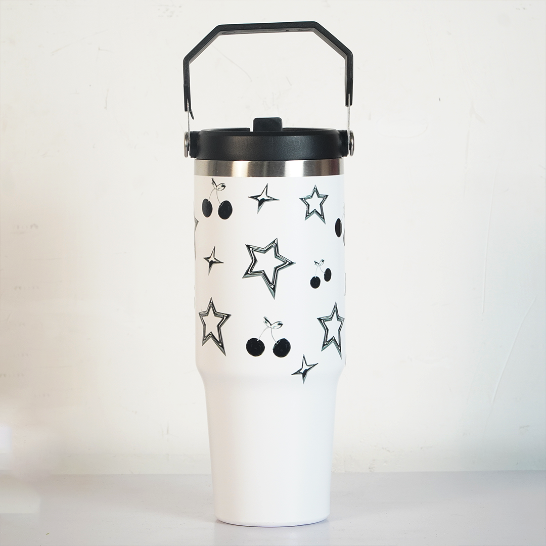 Star & Cherry Stainless Steel Tumbler with Handle | 1L Insulated Travel Mug