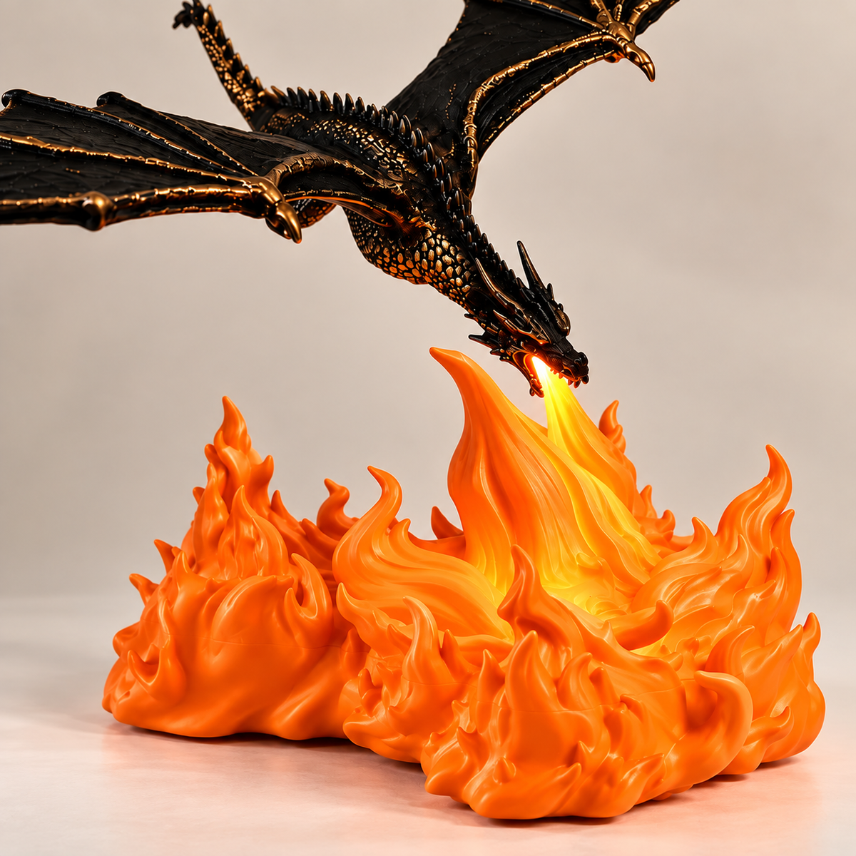 Dragon Breathing Fire Lamp Decorative Figurine with Fire Bowl Base | Fantasy Tabletop Decor