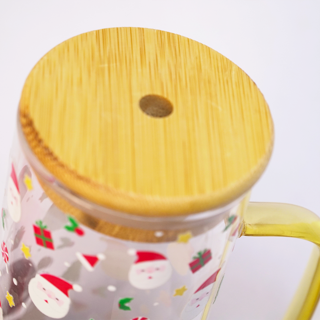 Christmas Santa Glass Tumbler with Handle & Bamboo Lid – Set of 2 | Festive Holiday Design with Straw