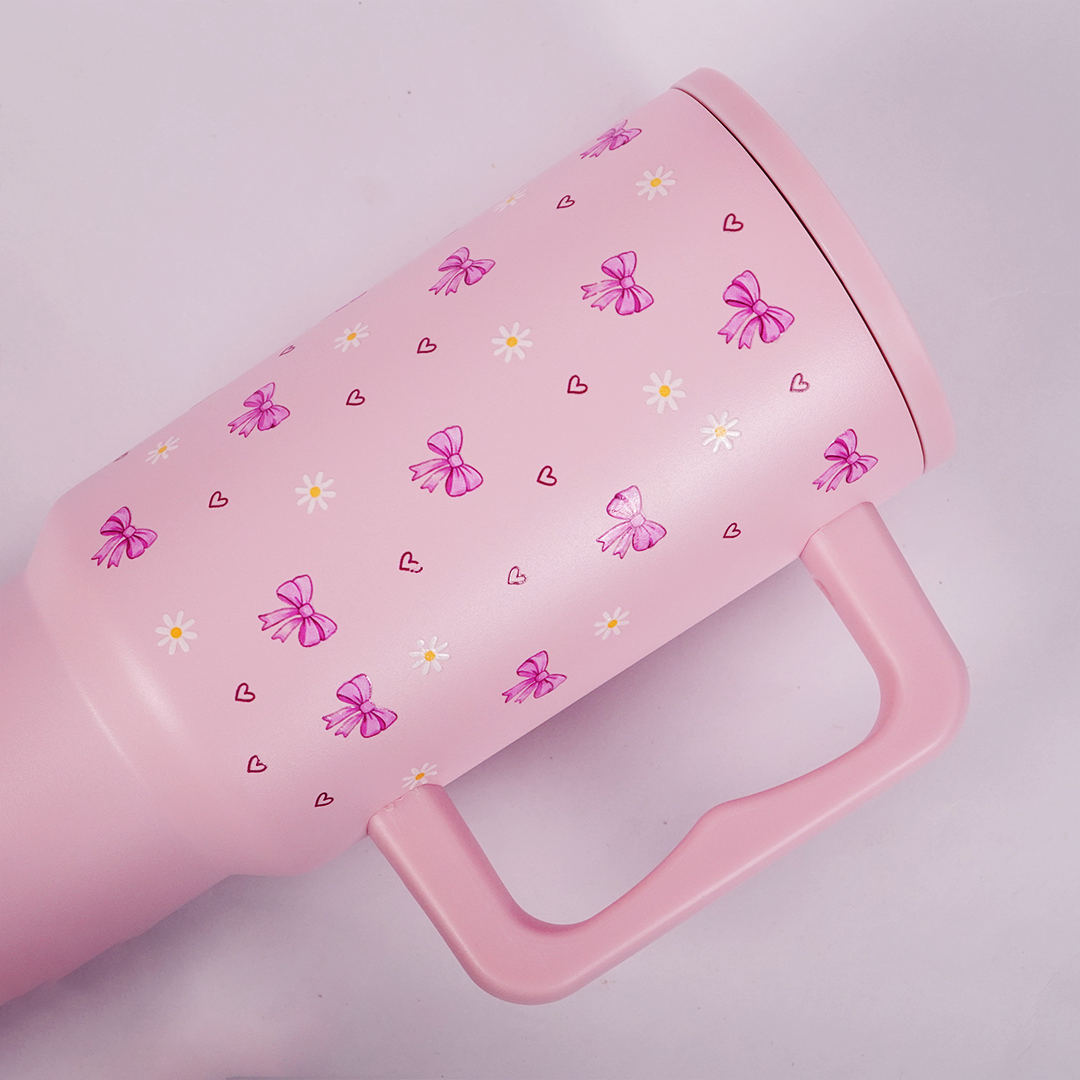 Cute Pastel Pink Tumbler with Bow, Daisy & Heart