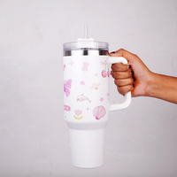 White Pink Cherry Print Tumbler with Straw & Handle – Aesthetic Travel Coffee Cup