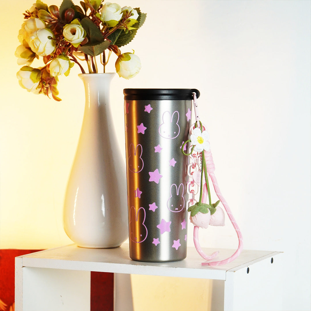 Bunny & Star Print Sipper Bottle with Charm | Reusable Travel Water Bottle | Cute Everyday Drinkware